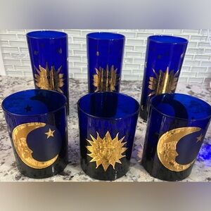 Vintage Culver Elegant Blue and Gold Celestial Glass Set